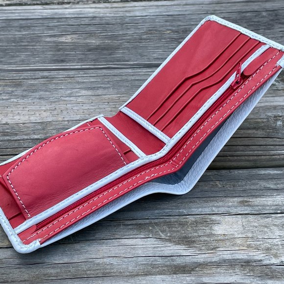 White/Red Wallet Card Holder Men Purse Wallet Handmade Bifold Cardholder - Picture 3 of 10